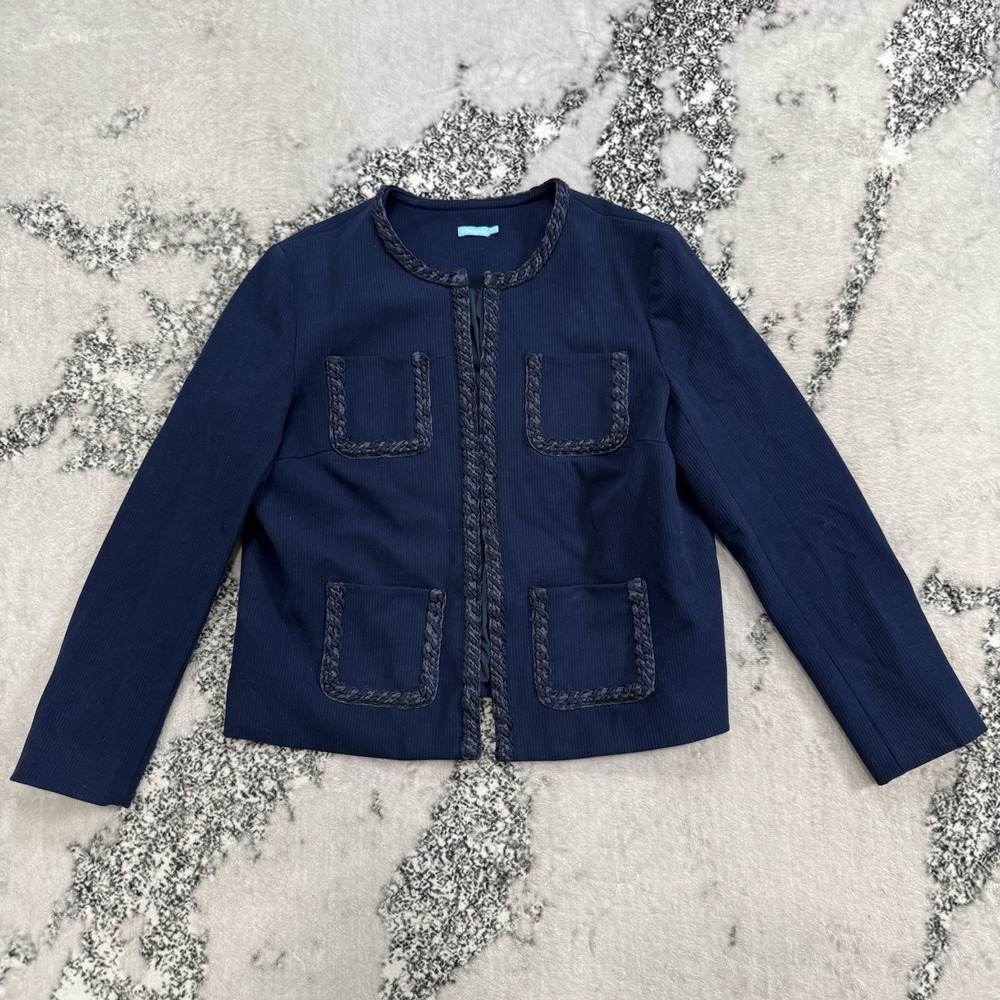J Mclaughlin Navy Knit Jacket Braided Trim Open Front Pockets Womens Size L